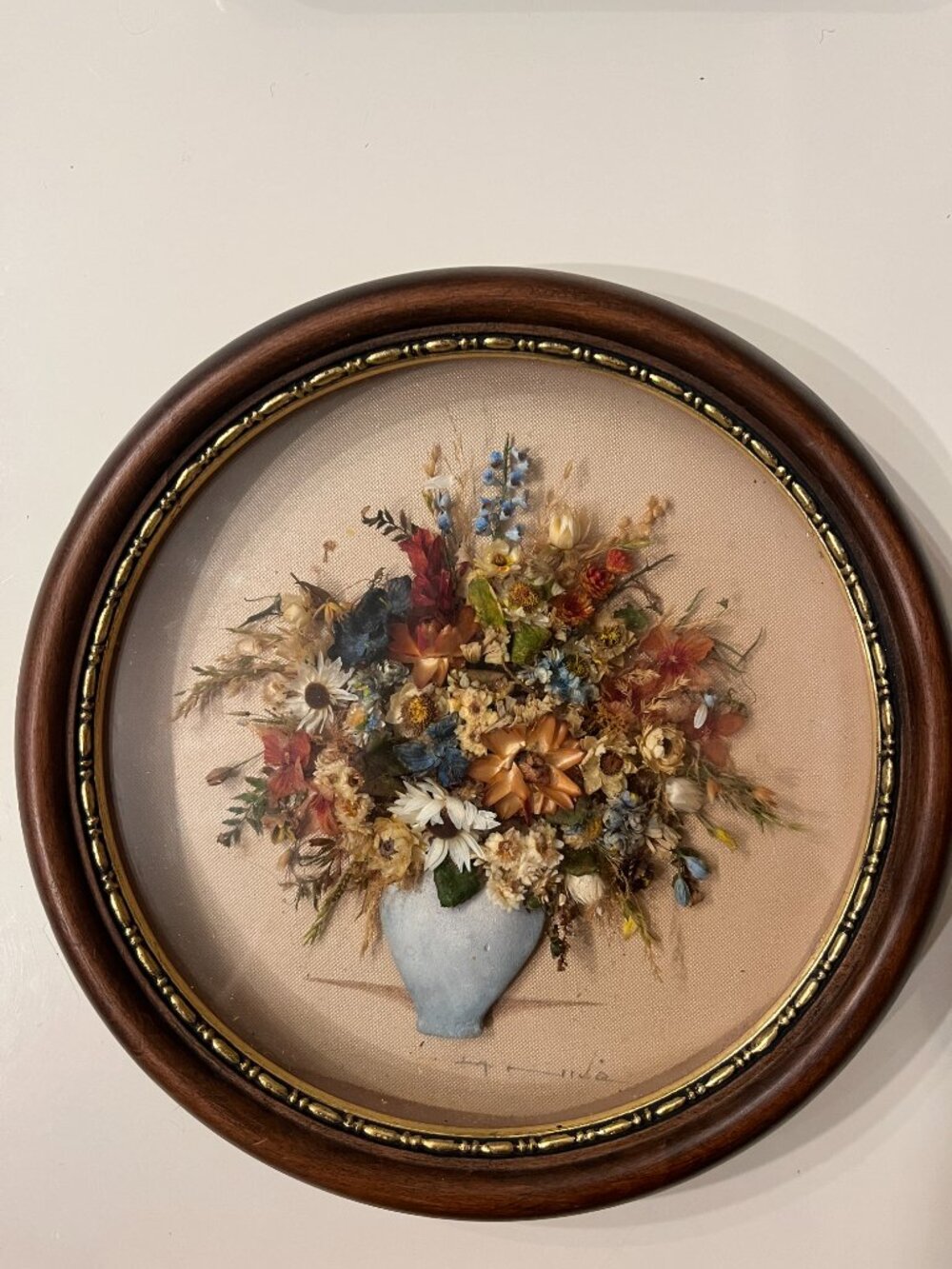 Dried Flower Botanical Art Round Wood Frame @9" diameter  (Signed-not legible)
